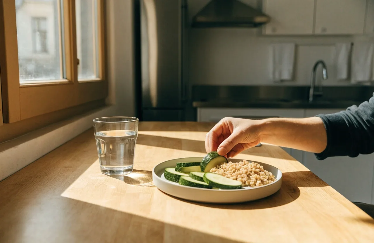 A nutritionist's hand arranging a plate of vegetables and grains on a pale wooden bench in a bright clinic kitchen