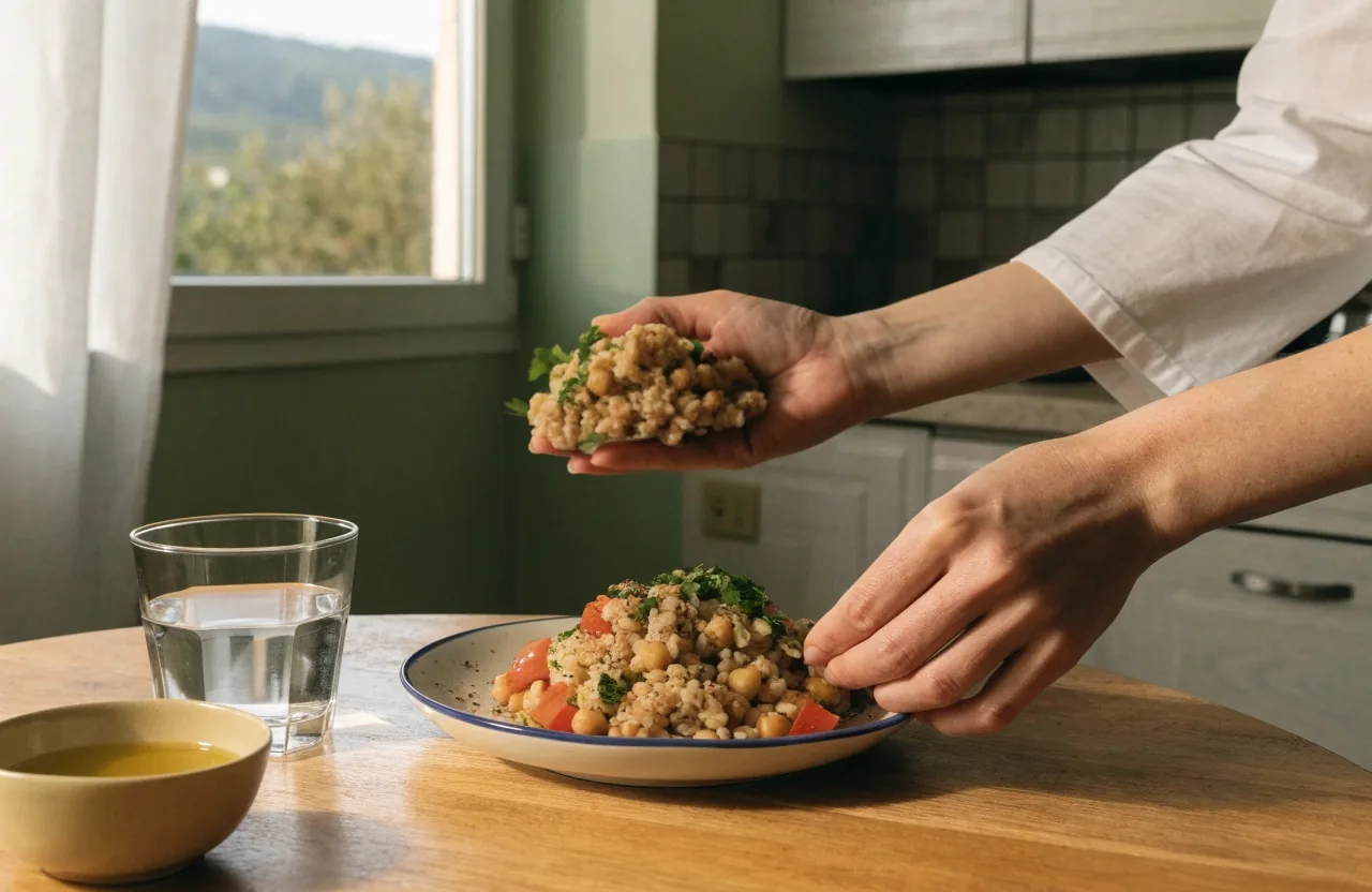 A simple lunch of lentils, salad, and water on a plain wooden table under daylight