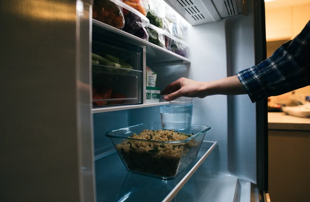 An open home refrigerator with prepared grains, chopped vegetables, and a jug of water on one shelf