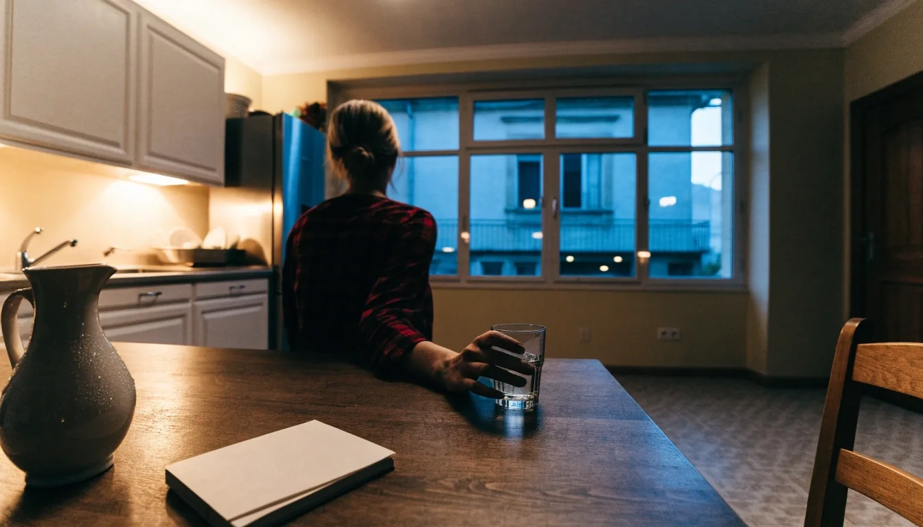 A kitchen table in the evening with an open food diary, a glass of water and a condensation-covered jug
