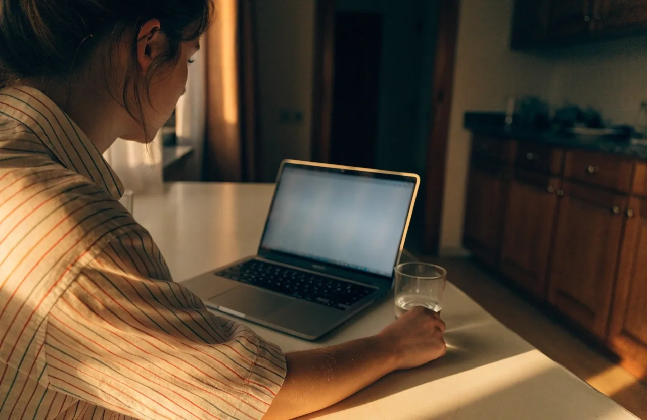 A laptop on a kitchen bench seen from over the shoulder, screen angled away and out of focus