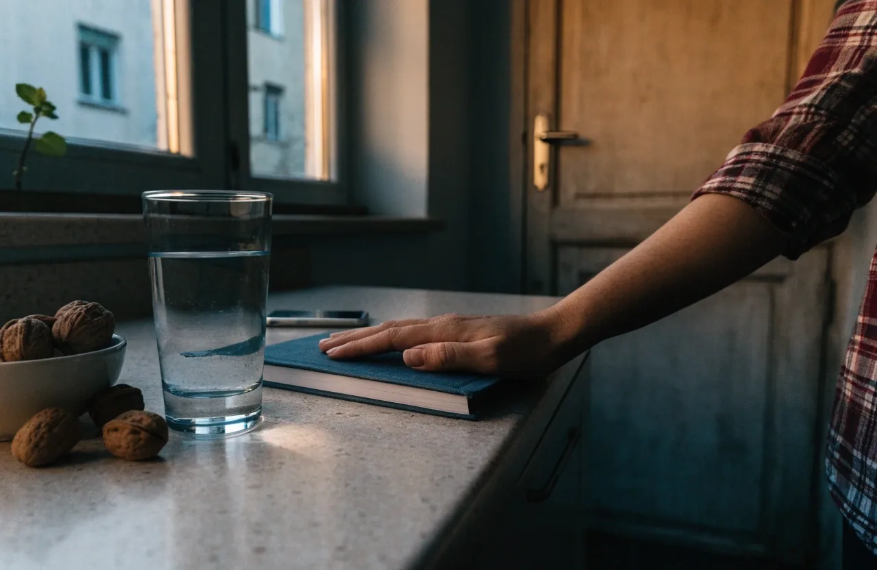 A kitchen counter with a phone placed screen-down beside a glass of water and a potted basil