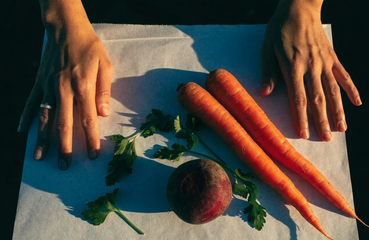 Hands holding plain newsprint with fresh vegetables and herbs laid on it